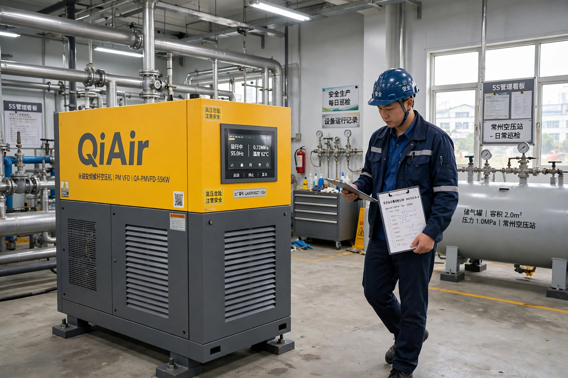 QiAir气大师永磁变频螺杆空压机常州工厂气站房开机前巡检场景